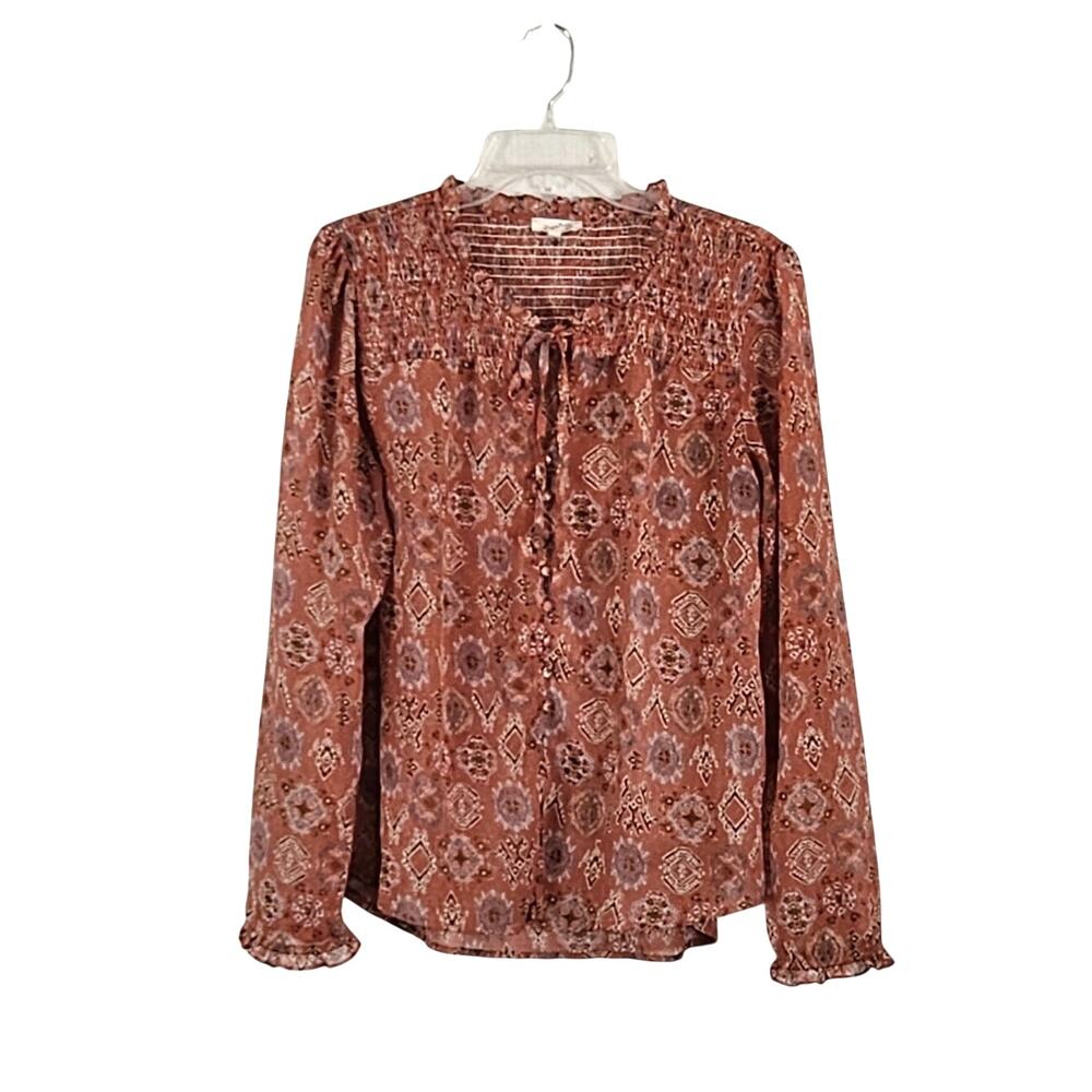 Mystree Print Long Sleeve Sheer Blouse Neck Tie Sz L Button Ruffle